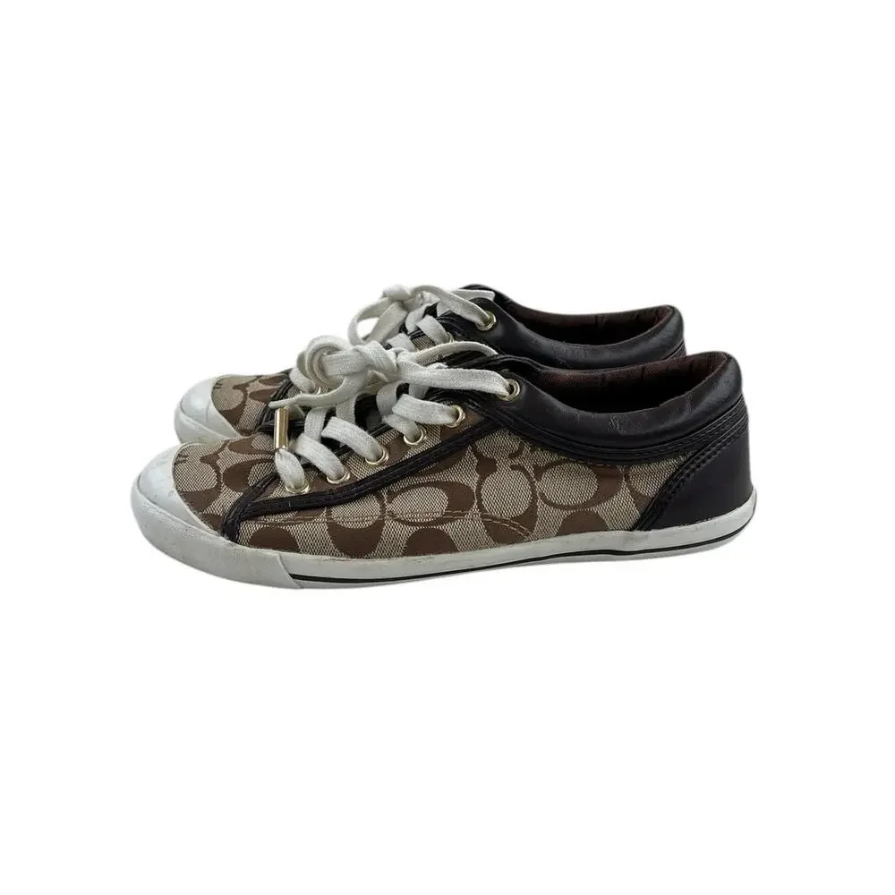 Womens Coach Francesca Sneakers Khaki Shoes Signature Jacquard Canvas Size 7.5